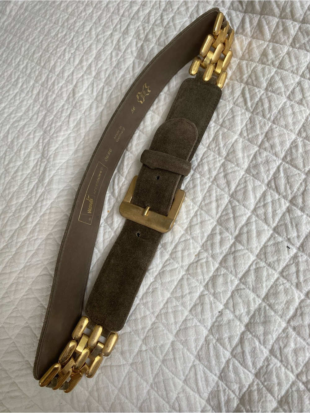 Mondi Accessories Olive Green Suede Leather Chain-Link Belt Gold Vintage Boho